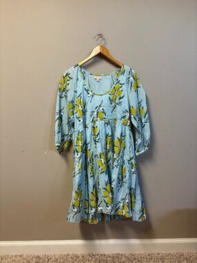 Pink Chicken Blue Lemon Print Tiered Dress 3/4 Sleeve Cotton Size S